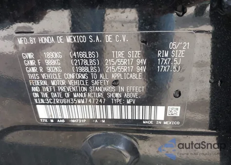 2021 Honda Hr-V Awd Lx z USA, uszkodzony, nr VIN 3CZRU6H35MM747247